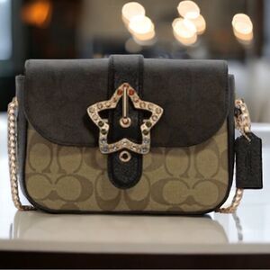 Coach Gemma Gold/Khaki Brown Colorblock Crossbody In Signature Canvas w/ Rhinest